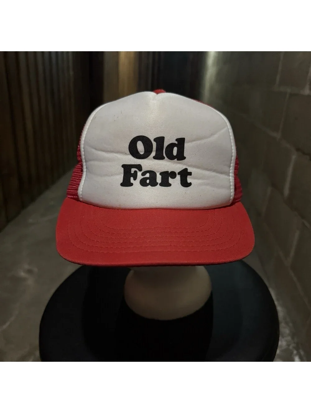 Vintage 80’s Old Fart Trucker Snapback Hat Red White Mesh Novelty Gag Gift Cap